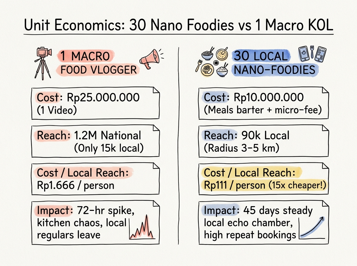 Unit economics comparison matrix between 30 local nano-foodies and 1 macro food vlogger showing cost, local reach, and business impact