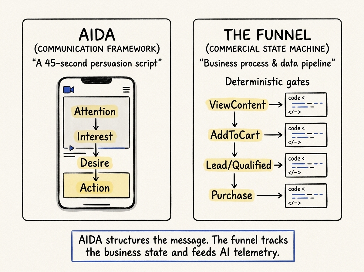Side-by-side comparison diagram showing AIDA as a 45-second message script versus the funnel as an operational state machine