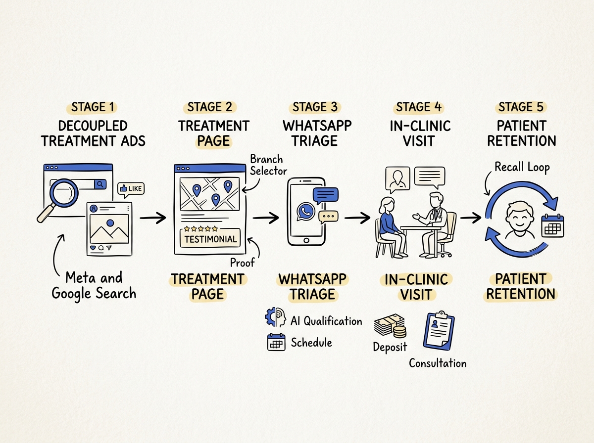 The 5-stage clinic growth machine showing decoupled treatment ads, dedicated treatment page with branch selector, WhatsApp AI triage, in-clinic visit with deposit, and patient retention recall loop