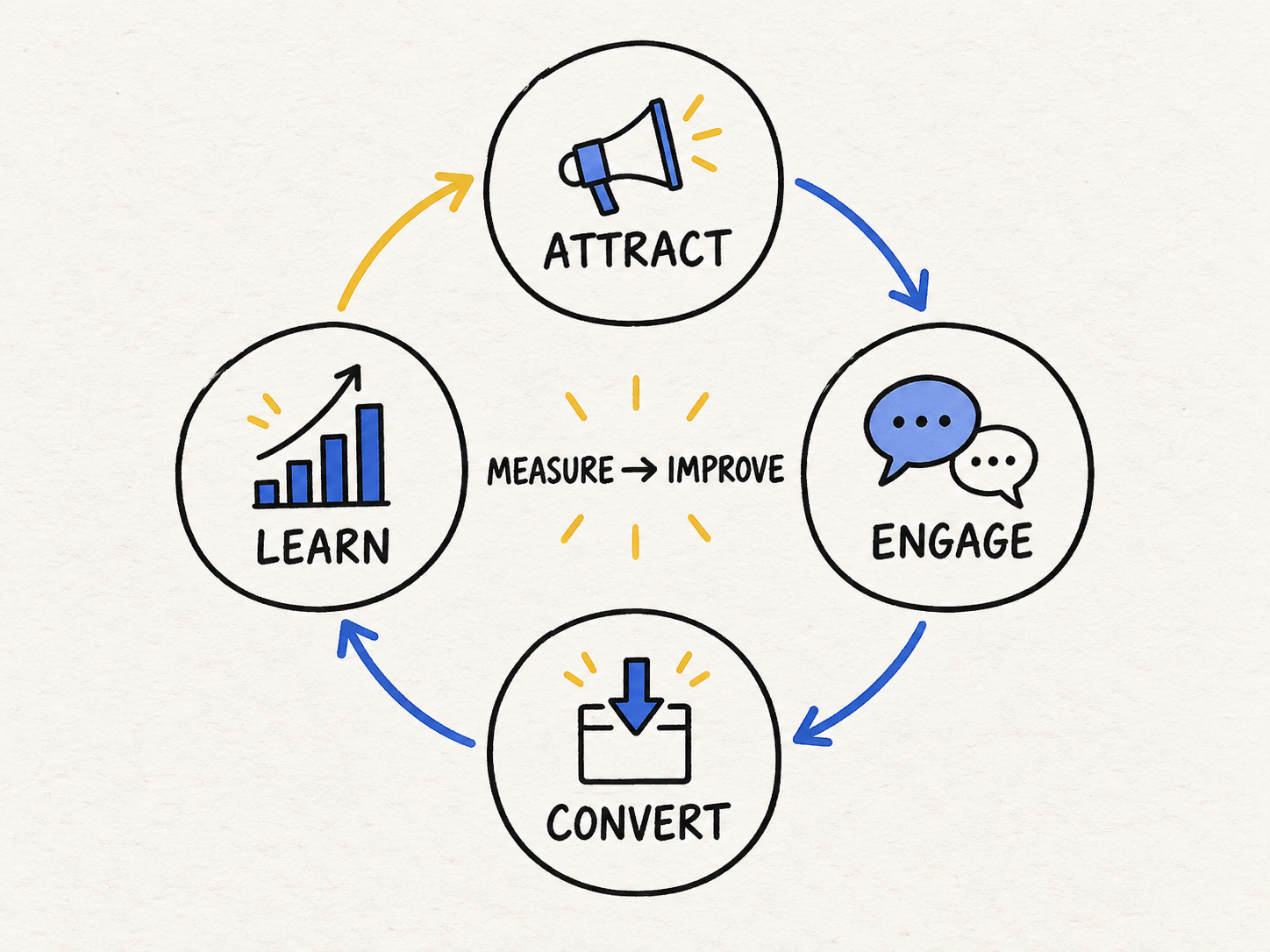 Hand-drawn circular funnel loop connecting attract, engage, convert, and learn