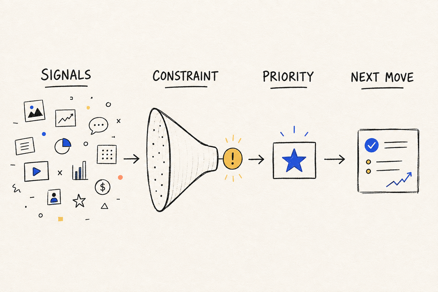 Doodle diagram showing evidence becoming a named constraint, priority, and next move